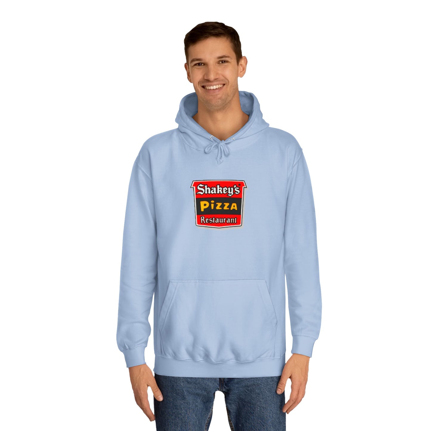 The Shakey's Pizza - 1980s Retro - Unisex Hoodie by Printify showcases a retro-style colorful logo on the front, highlighted with "Shakey's Pizza Restaurant" in bold white lettering against a striking red and black background, offering a vintage feel.