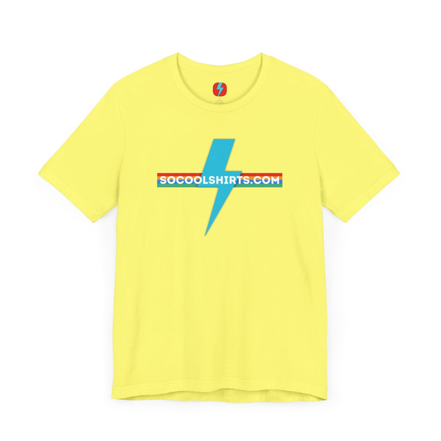 This unisex jersey short sleeve tee by Printify features a striking maroon color with a central light blue lightning bolt design. The text "SOCOOLSHIRTS.COM" is prominently displayed across the lightning bolt in white letters, set against a multicolored background that exudes retro vibes. The shirt is shown laid flat on a white backdrop.