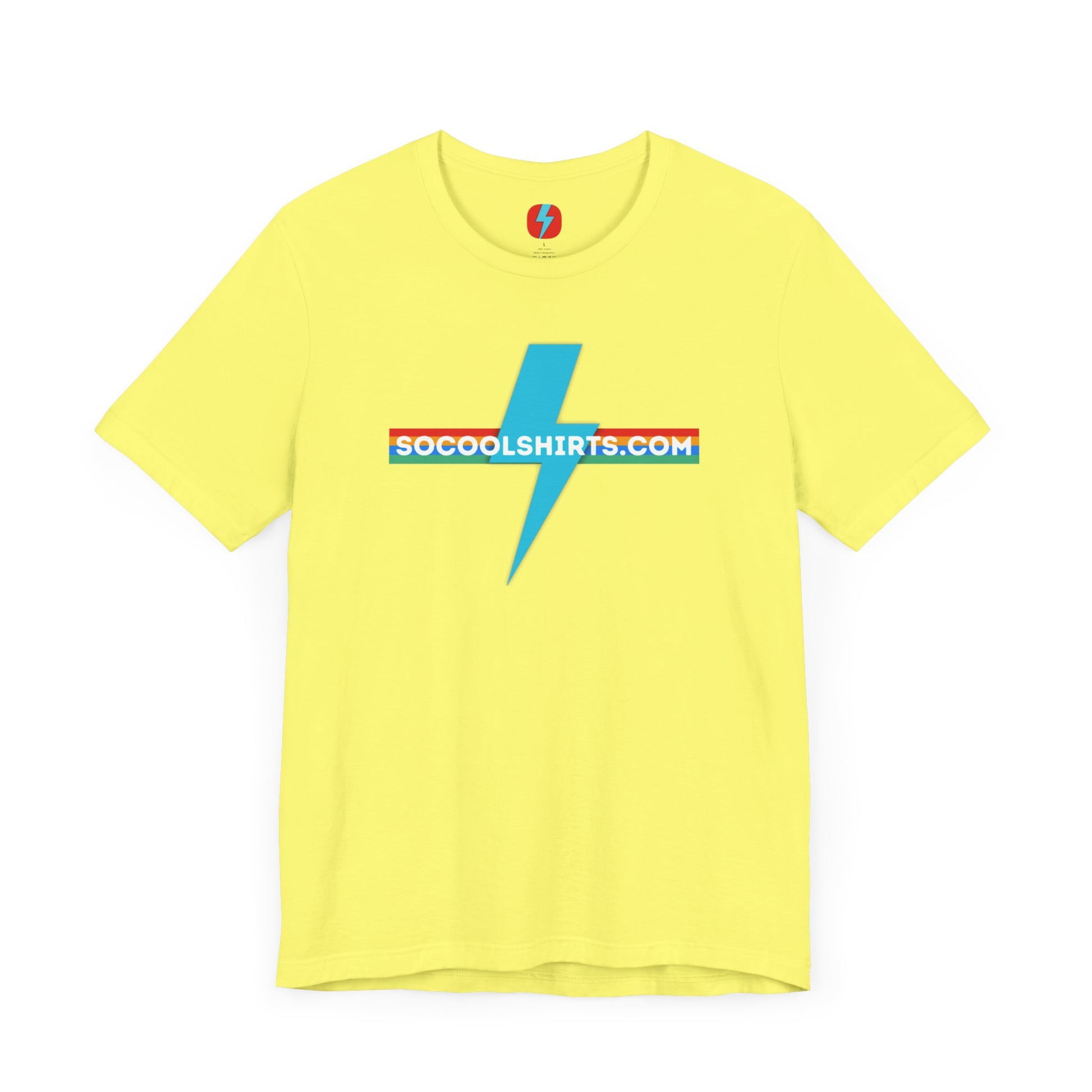 This unisex jersey short sleeve tee by Printify features a striking maroon color with a central light blue lightning bolt design. The text "SOCOOLSHIRTS.COM" is prominently displayed across the lightning bolt in white letters, set against a multicolored background that exudes retro vibes. The shirt is shown laid flat on a white backdrop.