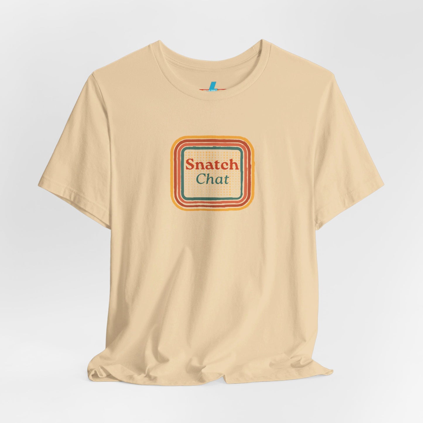 A light brown Snatch Chat - Unisex Jersey Short Sleeve Tee by Printify features the text "Snatch Chat" in the center, enclosed within a square composed of red, orange, yellow, and brown layers. This retro-designed tee is crafted from premium fabric and is showcased against a plain white background.