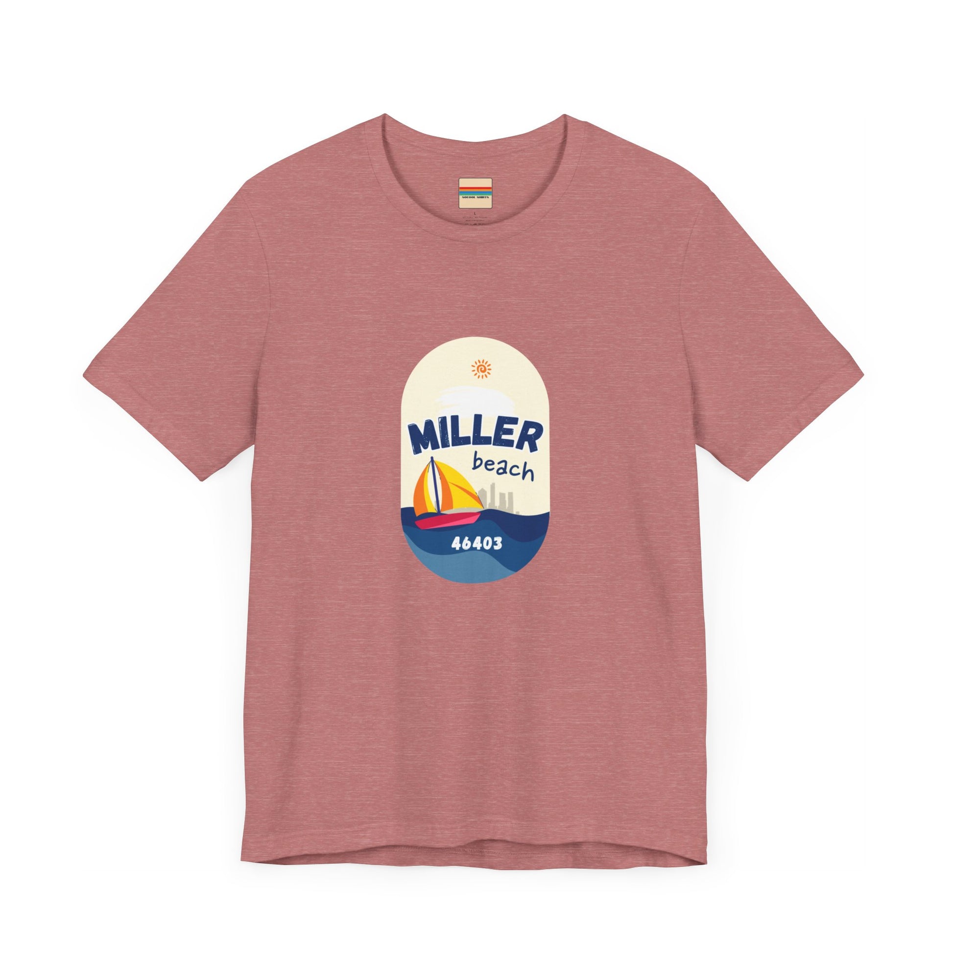 The Miller Beach Sailboat - Unisex Jersey Short Sleeve Tee by Printify features a vibrant graphic design portraying a sailboat on water with a sun above it and the text "MILLER beach 46403." This white retail fit shirt is crafted from soft Airlume combed cotton and showcases rounded graphics in blue, orange, and yellow.