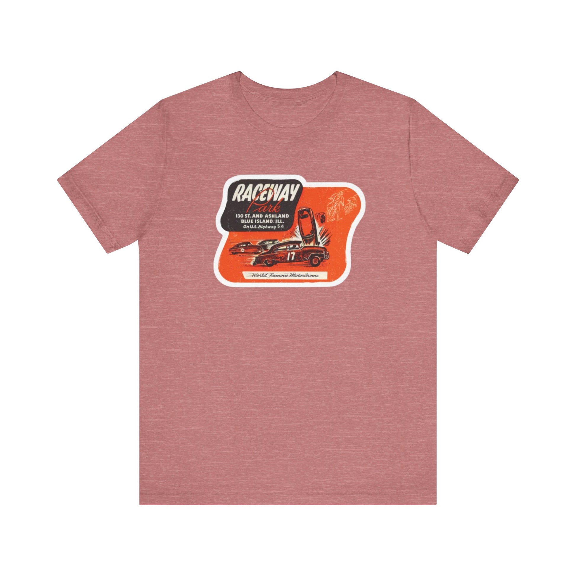 The 1970's Raceway Park - Blue Island, IL - Unisex Jersey Short Sleeve Tee by Printify is a light gray T-shirt featuring a graphic with a red background, an illustration of a race car labeled "17," and text reading "RACEWAY" and "As Seen On." The vintage-inspired design offers a nostalgic nod to classic car enthusiasts, reminiscent of the '70s racing era. The shirt is displayed against a plain background.