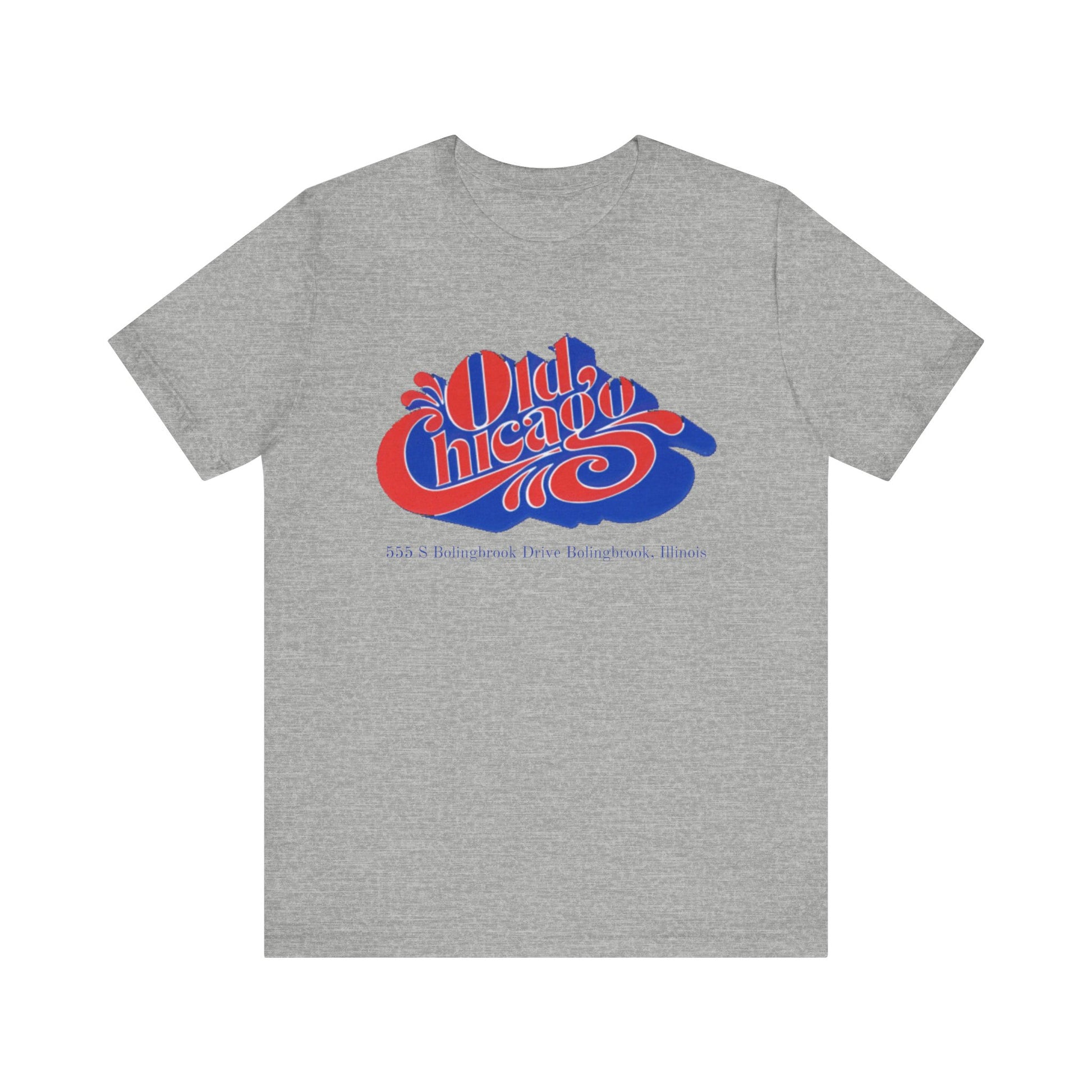 The "Old Chicago Mall Bolingbrook 1980s Retro - Unisex Jersey Short Sleeve Tee" from Printify is a gray T-shirt showcasing a vintage design with the text "Old Chicago" in blue and red. Beneath the main text, the address "355 S. Bolingbrook Drive, Bolingbrook, Illinois" appears in smaller font, evoking 80s nostalgia of the Old Chicago Mall. The shirt is displayed against a white background.