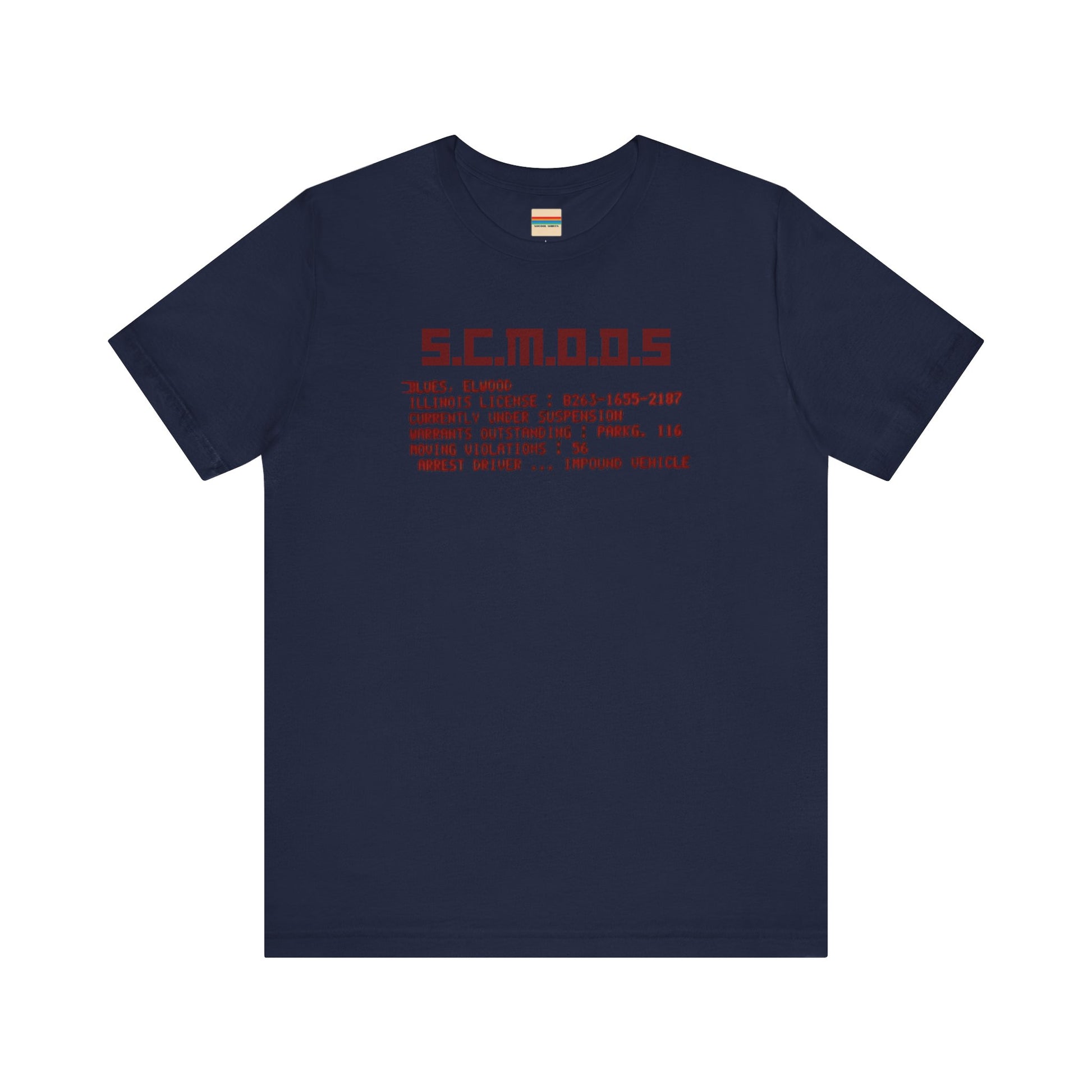 Two yellow "S.C.M.O.D.S. Blues Brother's - Unisex Jersey Short Sleeve Tee" shirts from Printify, featuring "S.C.M.O.D.S" in bold, stylized letters along with smaller text detailing terms like "Illinois," "license," and "impound vehicle." Perfect for fans of The Blues Brothers and Jake and Elwood Blues, the T-shirts are neatly folded and stacked.