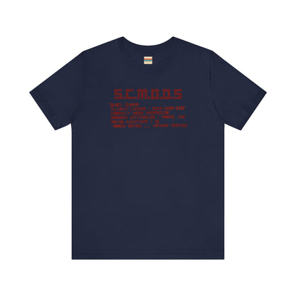 Two yellow "S.C.M.O.D.S. Blues Brother's - Unisex Jersey Short Sleeve Tee" shirts from Printify, featuring "S.C.M.O.D.S" in bold, stylized letters along with smaller text detailing terms like "Illinois," "license," and "impound vehicle." Perfect for fans of The Blues Brothers and Jake and Elwood Blues, the T-shirts are neatly folded and stacked.