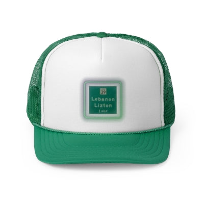 The Printify "The Lebanon Loop - Indiana" trucker cap features a green brim, mesh back, and an adjustable plastic snap closure. It showcases a blurred print of a highway sign that reads "39 Lebanon Lizton 1 mi" in white text on a green background, making it the perfect addition to your collection.